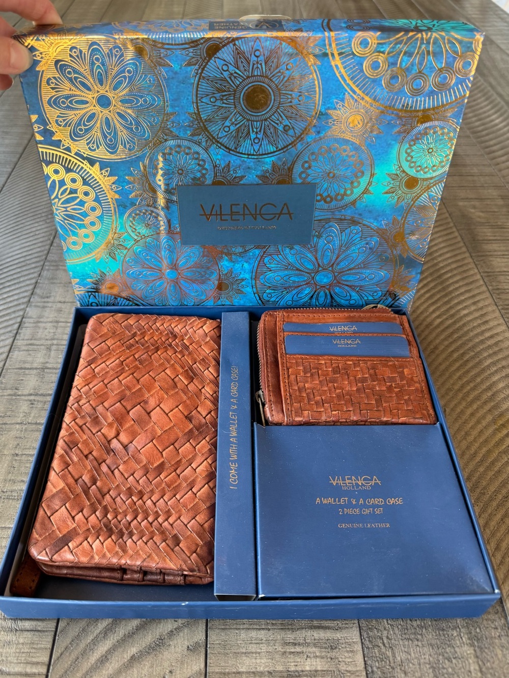 Vilenca Holland 2-Piece Woven Leather Wallet & Card Case Gift Set (NIB)